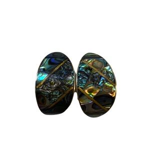 Alpaca Silver Abalone Inlay Football Shaped Pierced Earrings
